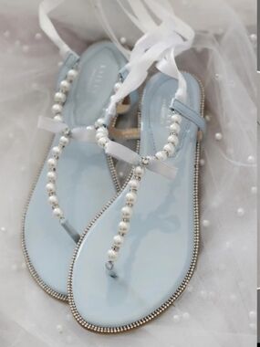 Kaileep T-Strap Pearls  Wedding Flat Sandals with Satin Ankle Strap